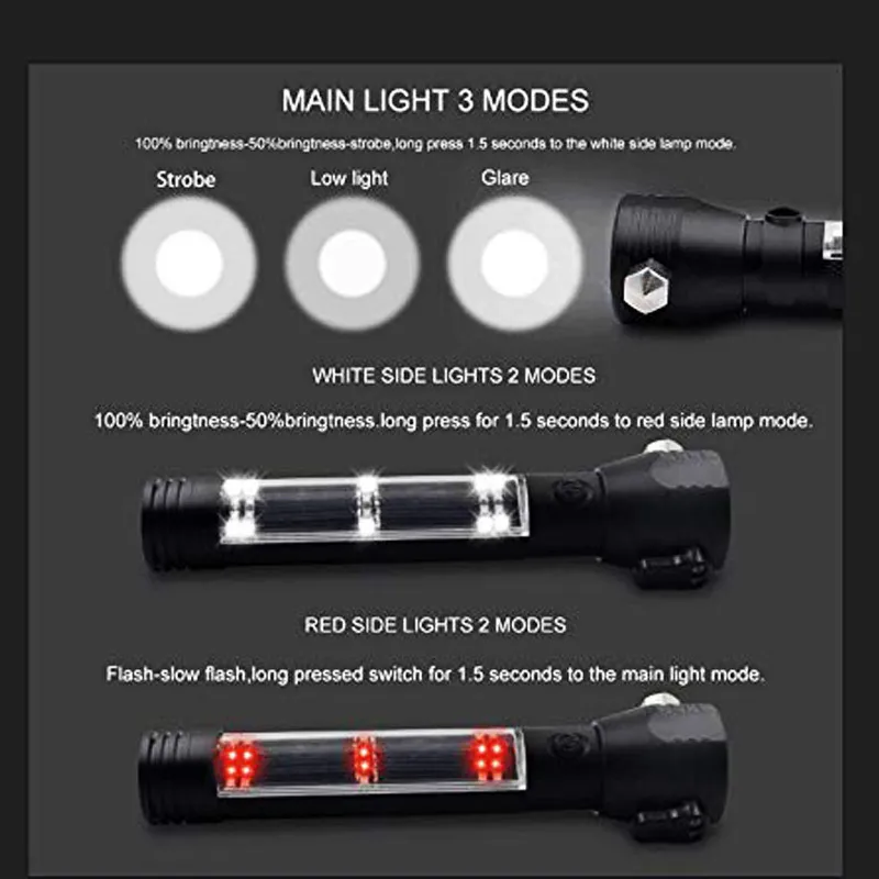 Dropship voiture lampe de poche lampe de poche solaire USB rechargeable tactique 7 mode multi-fonction torche boussole lumineuse Power Bank Magnet 201210