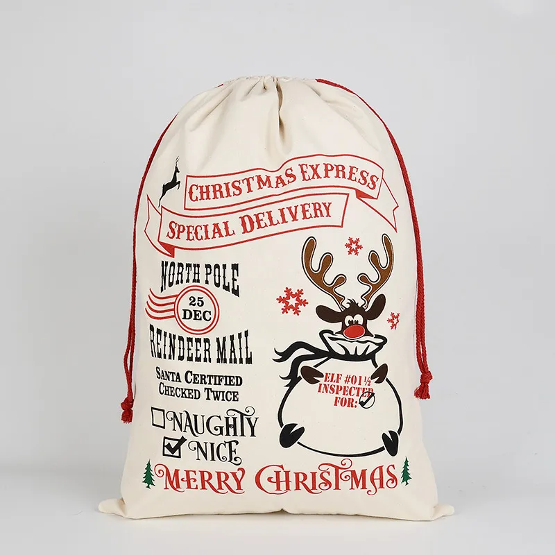 Hot Christmas Gift Bags Large Organic Heavy Canvas Bag Santa Sack Drawstring Bag With Reindeers Santa Claus Sack Bags for kids