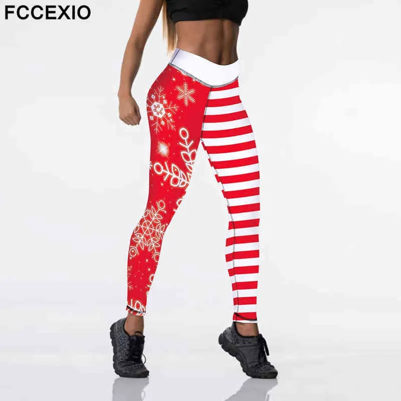 FCCEXIO Elasticità a vita alta natalizia da donna con fiocchi di neve stampati graziosi leggings i pantaloni da allenamento 211221