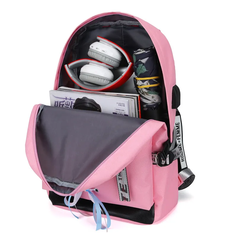 Rosa USB -ryggsäckar kvinnor skola ryggsäck för tonårsflickor skolväska stor canvas middle high college student bagpack lJ201225