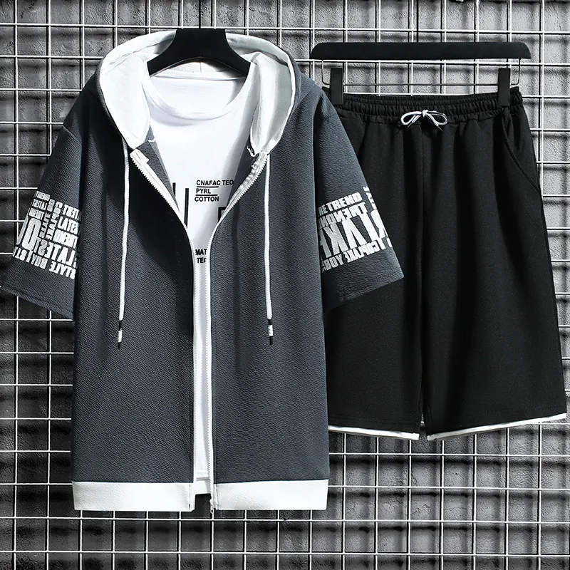 Mode Mäns Sats Hooded Summer Casual Sportkläder Män Kortärmad Zipper Toppar + Shorts Hip Hop Streetwear Male Tracksuit 220308