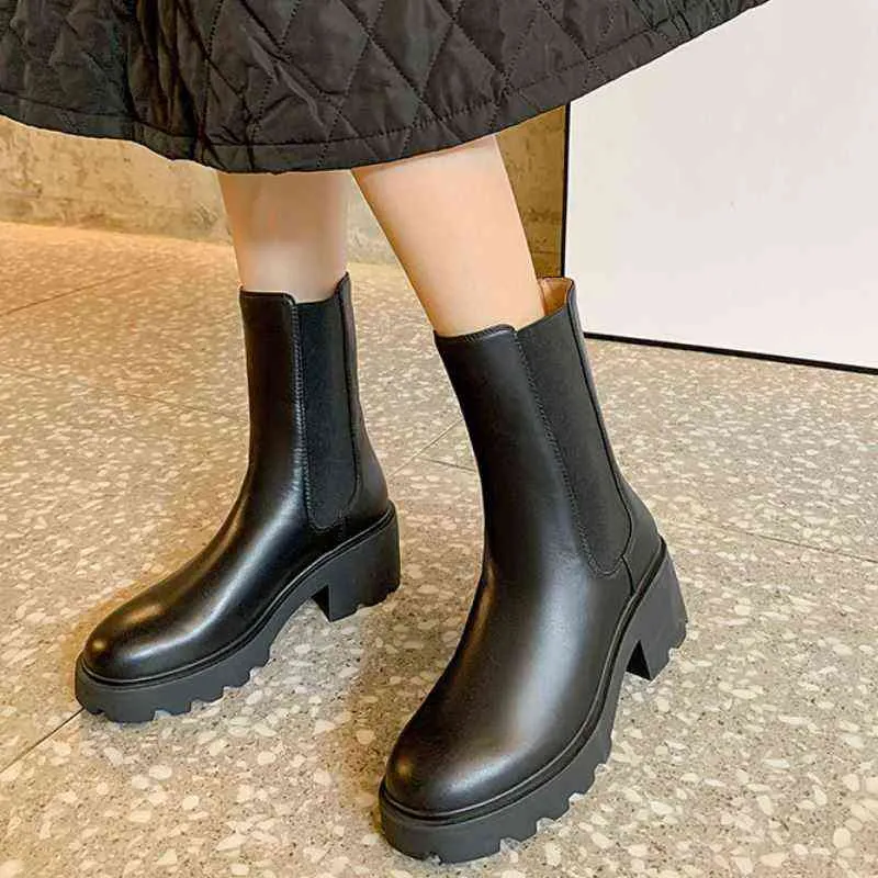 أحذية اللباس rizabina 2022 جديد أزياء المرأة جلد طبيعي الكاحل الكعك الكعوب سميكة الانزلاق على التمهيد قصيرة السيدات الأحذية حجم 34-39 2 9