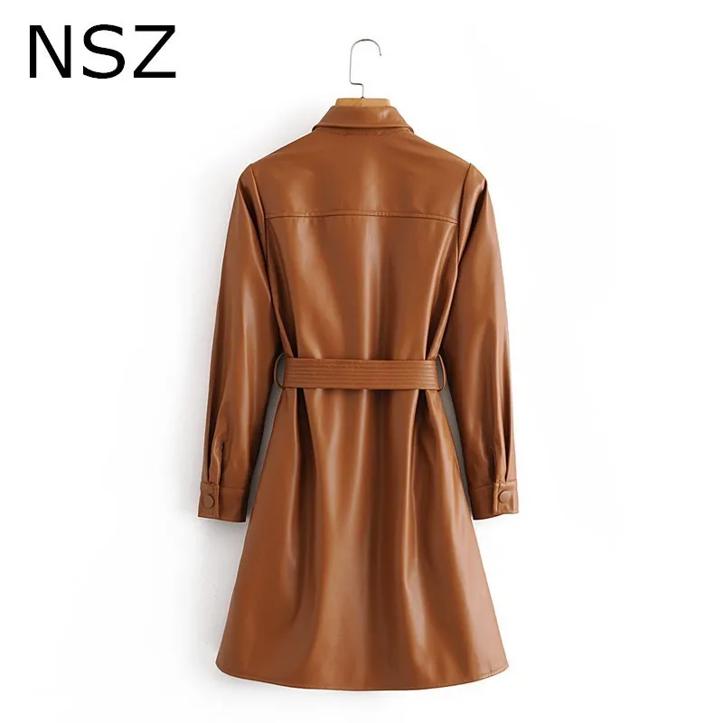 NSZ Women Brown Faux Pure Pu Leather Long Jacket With Belt Fall Fashion Artificial Fur Coat Elegant Female Outwear Tops 20103030