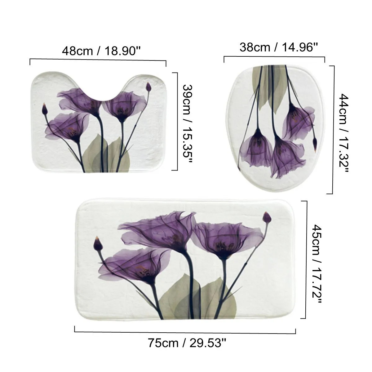 4 pièces flanelle Surface tapis de salle de bain rideau de douche tapis antidérapant couvercle couverture de toilette tapis de bain ensemble fleurs violettes imprimer décor maison T20073073