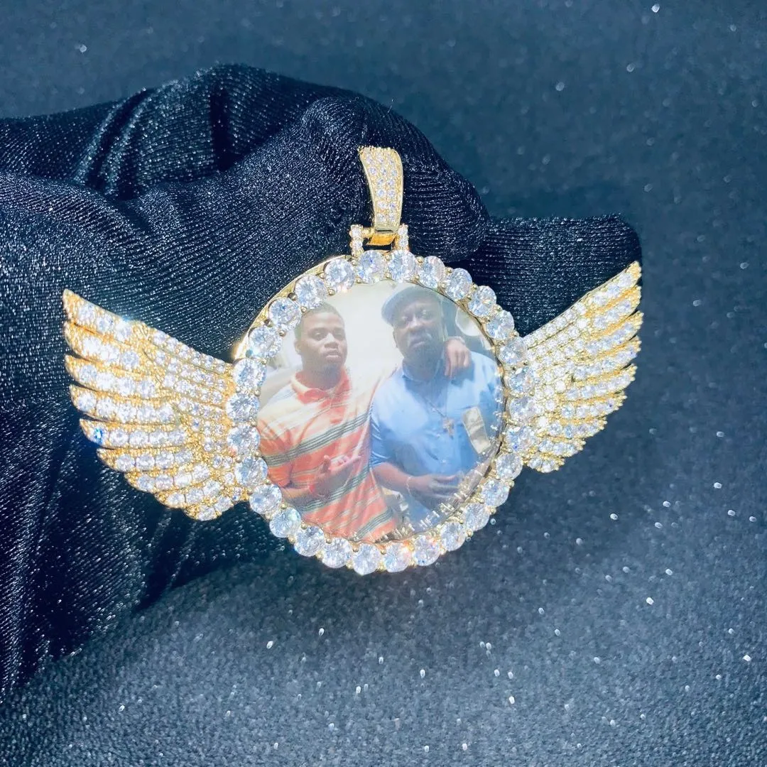 Argent or sur mesure Po avec ailes médaillons peut ouvrir pendentif collier cubique Zircon hommes Hiphop bijoux 284Y