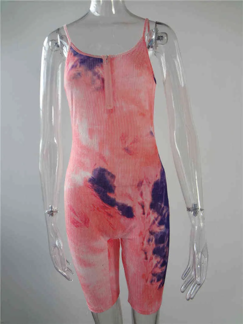 2021 Zomer Sexy Vrouwen Tie Dye Printed Yoga Shorts Mouwloze Yoga Sports Rits Jumpsuit Overalls Sport Romper Bodysuit Stretch Y220311