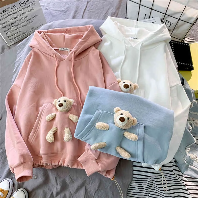 2021 Lente Herfst Vrouwen Losse Leuke Pocket Bear Toy Hoodie Hooded Sweatshirt College Meisjes Casual Kawaii Harajuku Pullover