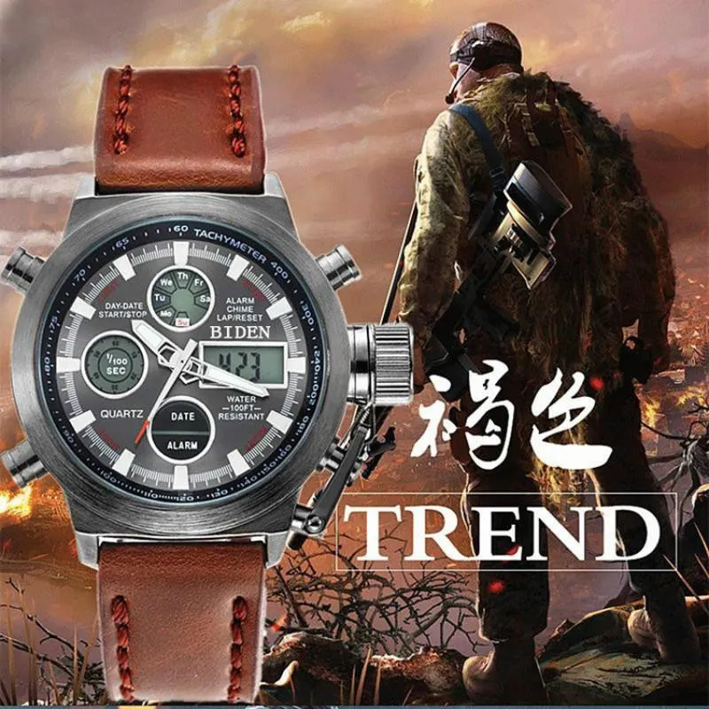 Wristwatches BIDEN Brand Men Diver LED Digital Sports Watch Genuine Leather Nylon Quartz Waterproof Relogio Masculino2205