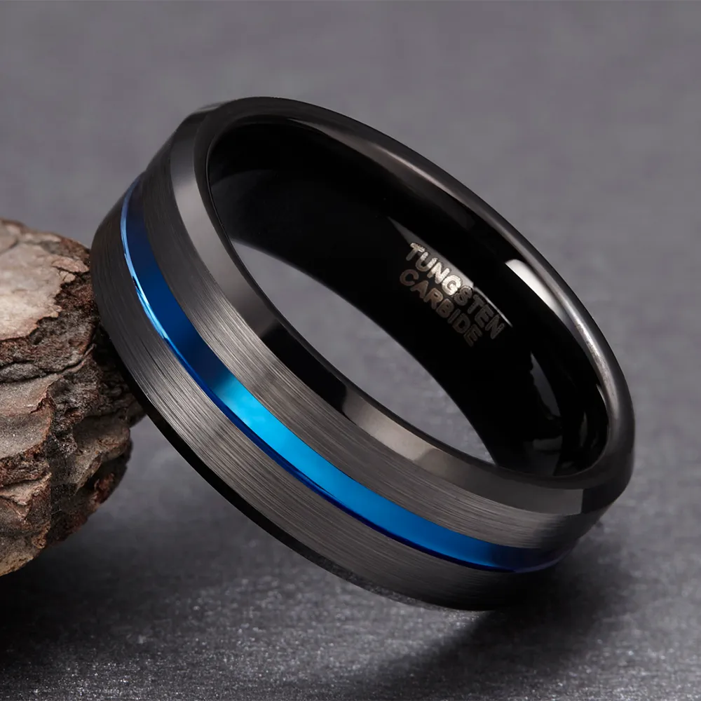 Anel de carboneto de tungstênio masculino, 8mm, linha azul, preto, para noivado, casamento, joias, anel maçônico, bague homme 2012182645