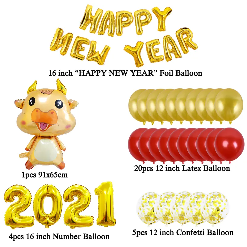41 шт. Установите китайские новогодние украшения 2021 Золотой красный латекс 16 -дюймовый баллон китайский китайский новый год 2021 г. Balloon Party Deco F290Q