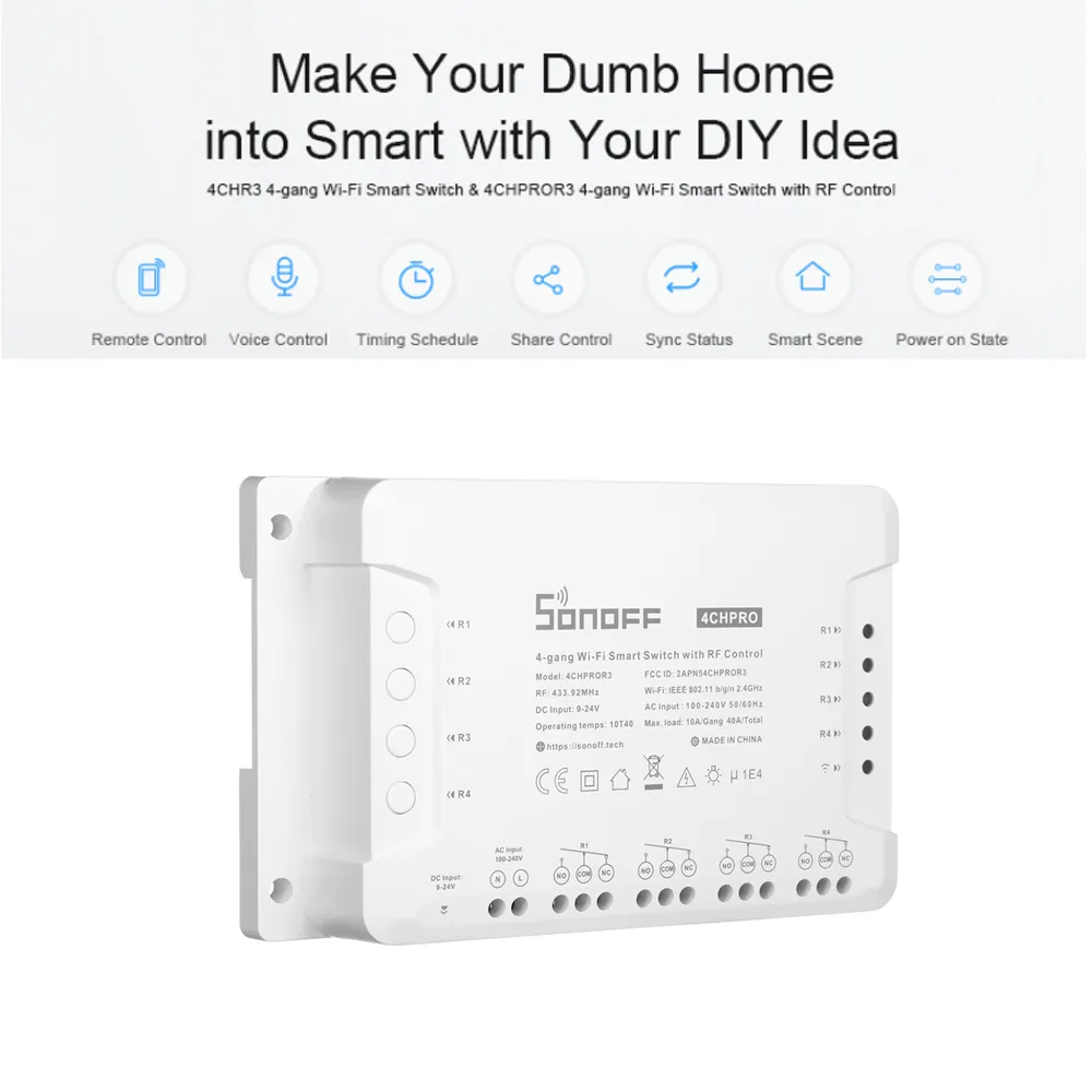 Sonoff 4ch Pro R3 433MHz WiFi Switch Inching/Self-Locking/Interlock WiFi Smart Switch Work med Amazon Alexa Google Home