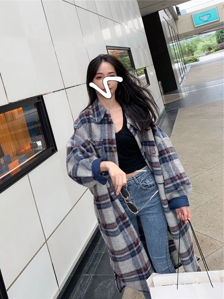 Blau Plaid Trenchcoat Frauen 2020 Frühling Herbst Neue Casual Koreanische Mode Revers Wolle Über Das Knie Lange Mantel Z220 T200828