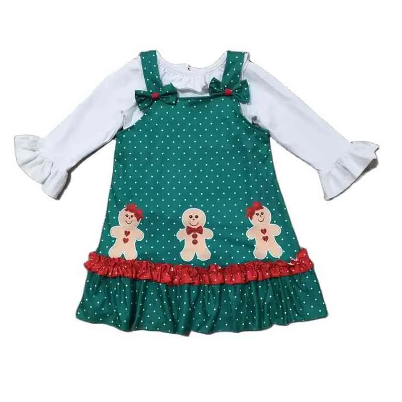 Girlymax 2 цвета Рождество 2 шт. Платье футболки Baby Girls Gingerbread Cookie House Pookie Poinka Dots Платье Детская одежда Ruffles G1218