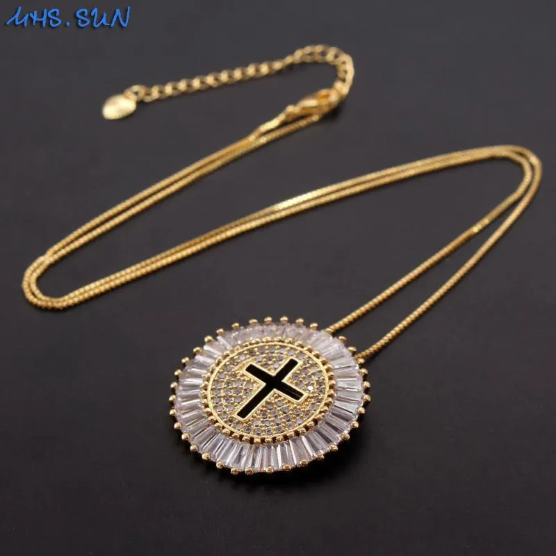 MHS SUN Luxury Round CZ Zircon Necklace Catholic Cross Pendant Chain Necklace Collier Femme Gold Color Jewelry Christmas Gift235g