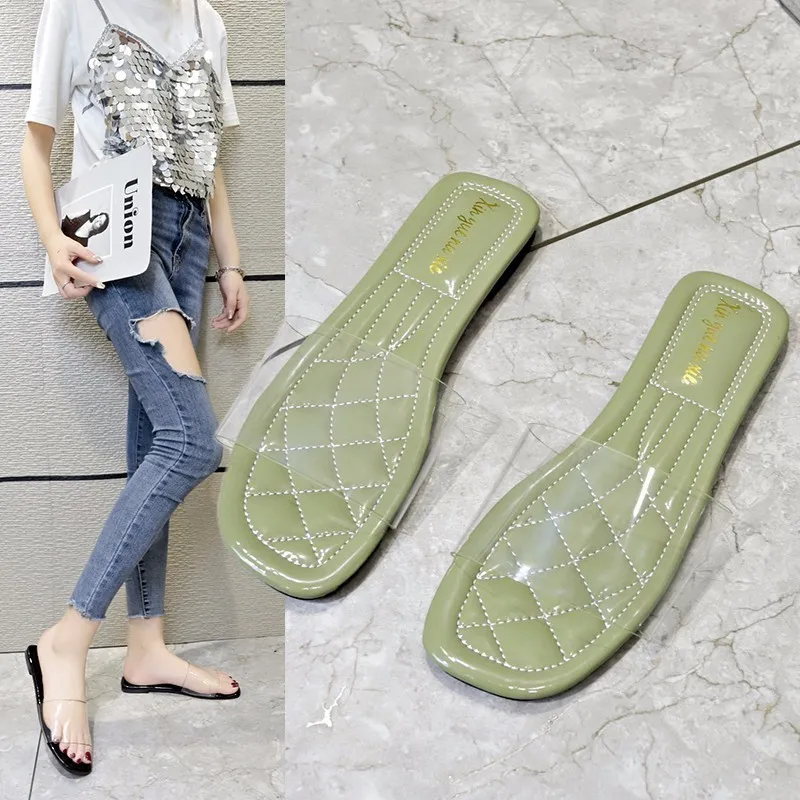 Fashion Summer Clear Transparent Slipper Shoes Slides Peep Toe Square Low Heels Slipper Shoes Mules Zapatos Mujer Y200423