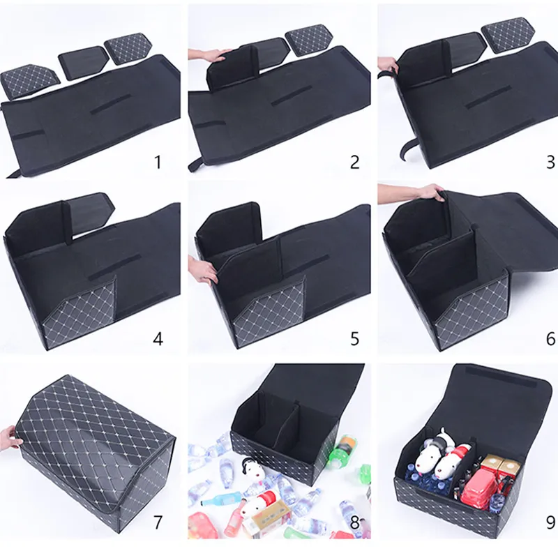 Bilstamarrangör Storage Box Pu Leather Auto Organisatörer Bag Folding Trunk Storage Pockets för fordons sedan SUV -tillbehör LJ2217L