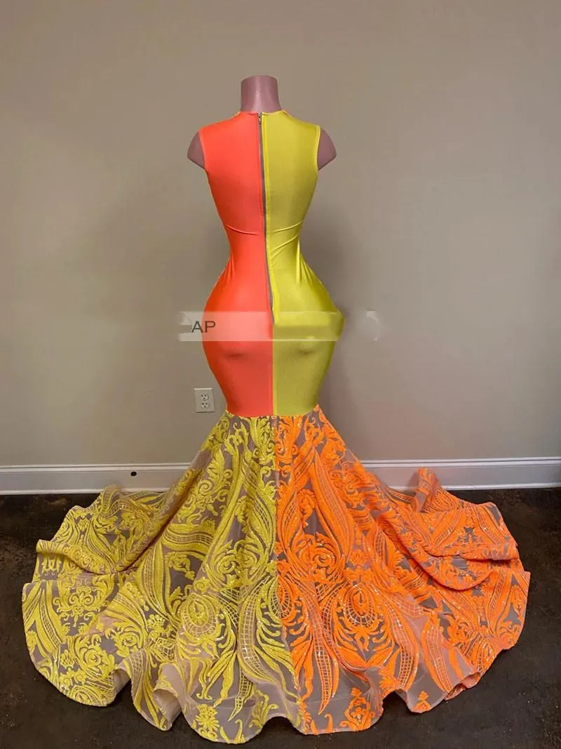 Vestidos de baile longos e elegantes, 2022, transparente, gola redonda, laranja e amarelo, lantejoulas, mulheres africanas, meninas negras, sereia, vestidos de festa de noite dd281t