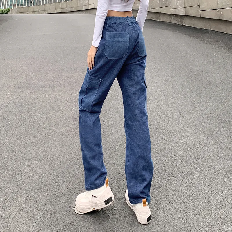 Poche Cargo Pantalon droit jambe large Baggy Jeans Femmes coréenne Hip Hop 2020 Boyfriend Mom Jeans taille haute Denim Pantalon LJ201103