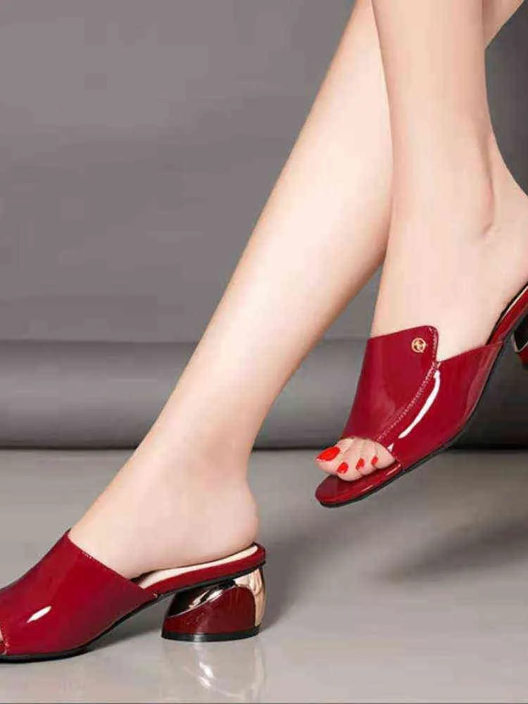 Slippers Red Sexy PU Soft Lederen Vrouwelijke Flipflop Zomer Mode Hakken Slides Schoenen voor Meisjes Comfortabele Sandalen Vrouw 220304