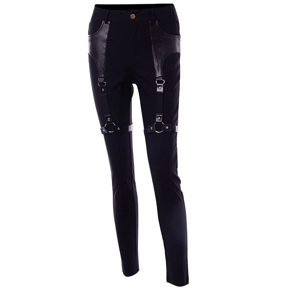 Rosetic Cargo Pants Women Punk Rock PU Leather Patchwork Black Streetwear Kpop Joggers Girl Gothic Spring Casual Skinny Trousers Y3258993