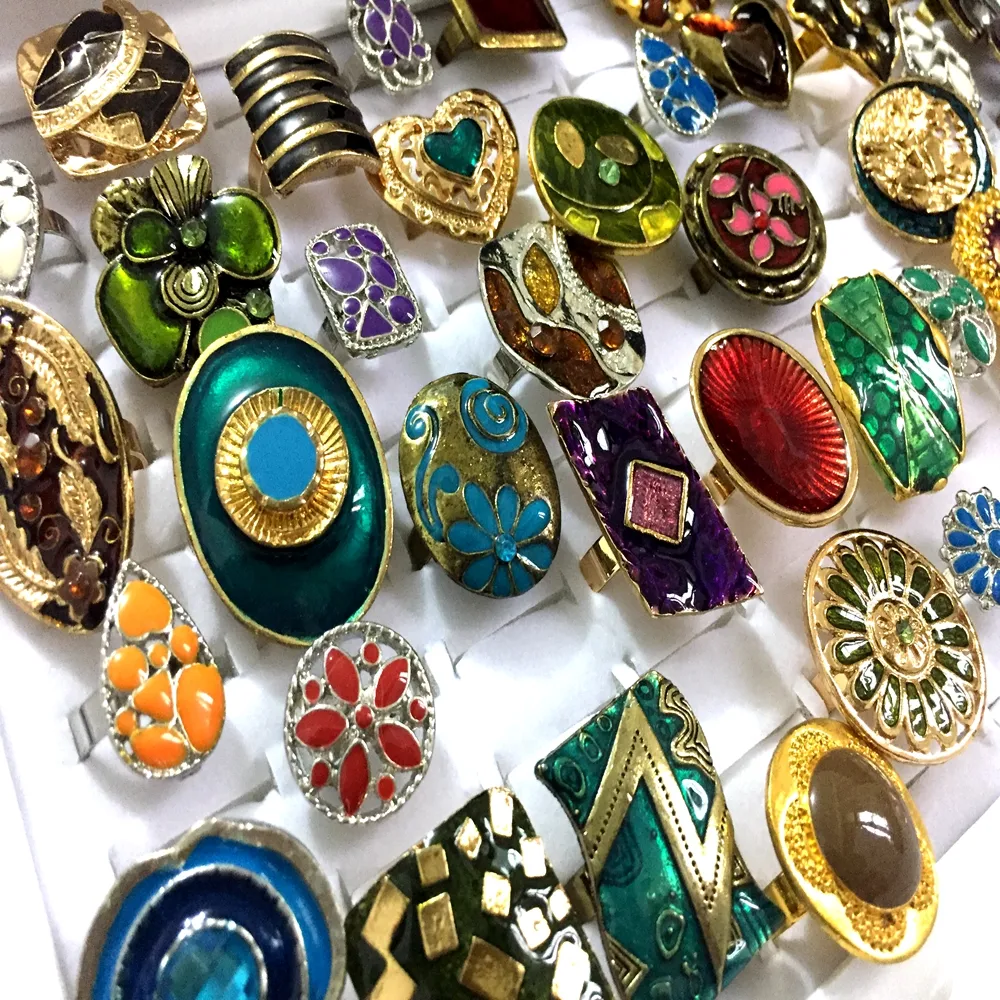 Bulk Vintage Colorful Enamel Alloy Women Rings Open Size Bronze Silver Mix Design Assorted Retro Rings Whole Party 241S