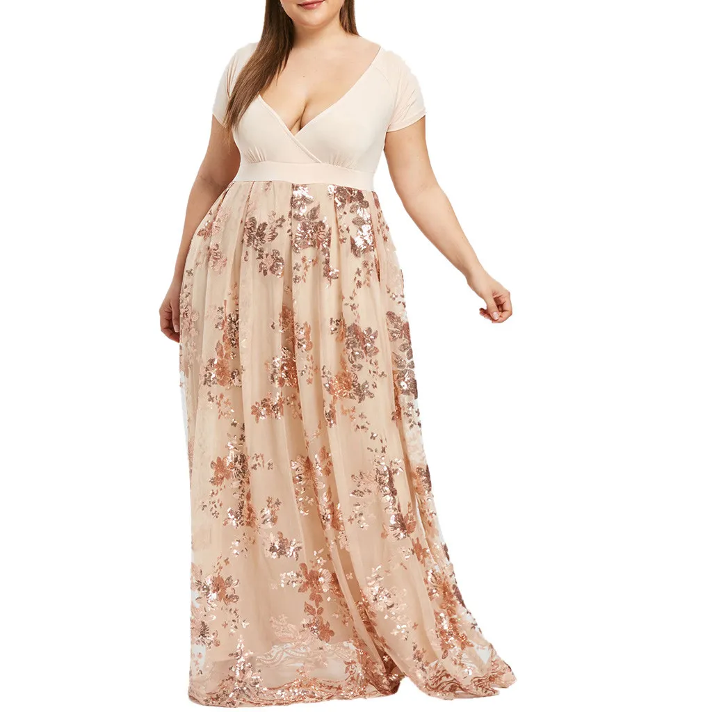 Plus Size Floral Sequined Maxi Dress Kvinnor Deep V Neck Kortärmad Ladies Klänningar Elegant Evening Party Vestidos Dress * Y0118