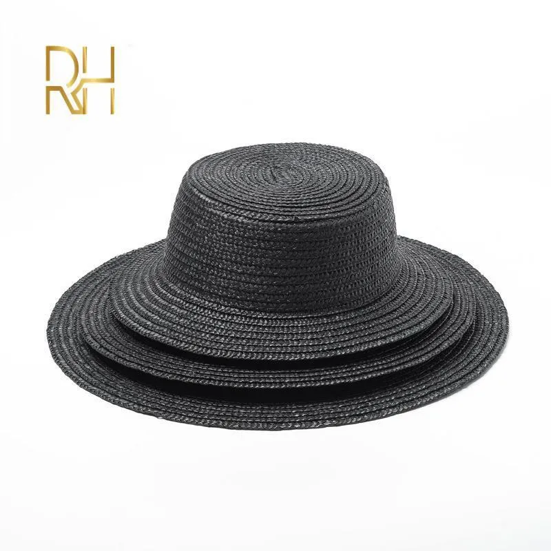 Lady Kids Fashion Black Tarwe Boater Straw Hat Out Flat Top Cap Fedora 5 - 7 cm 10cm 13 cm Zweer brede natuurlijke gras Sun Bowler Hat Y200714