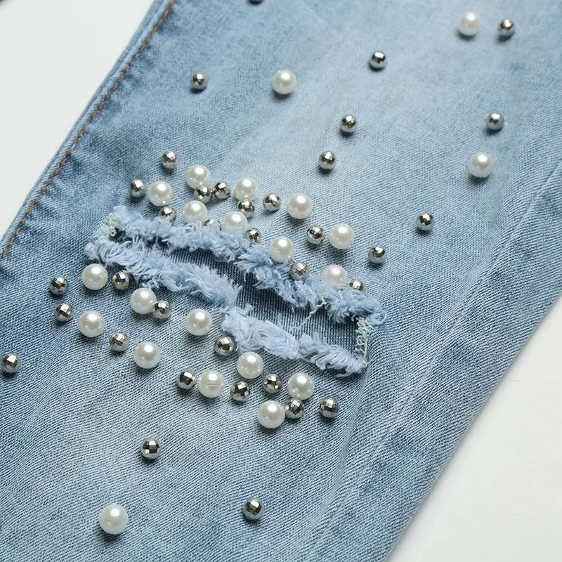 Frauen Bleistift Jeans gewaschen Denim Hose Perlen zerrissene Löcher mittlere Taille Taschen Reißverschluss Distressed Casual Skinny Hosen Hosen 201105