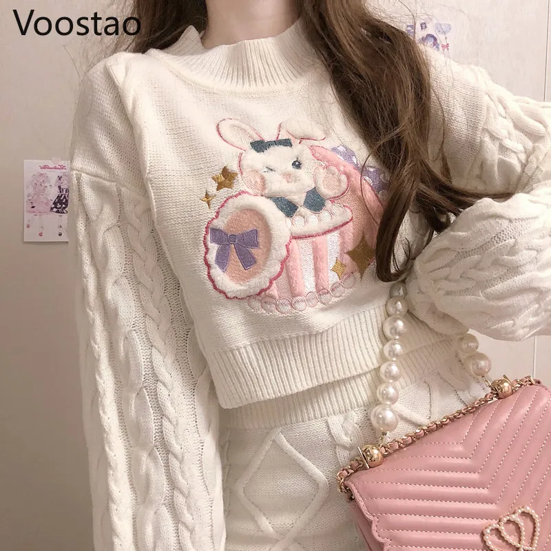 Outono inverno doce lolita estilo saia sets japonês meninas cute coelho bordado kintted camisola saias primavera mulheres set 220302