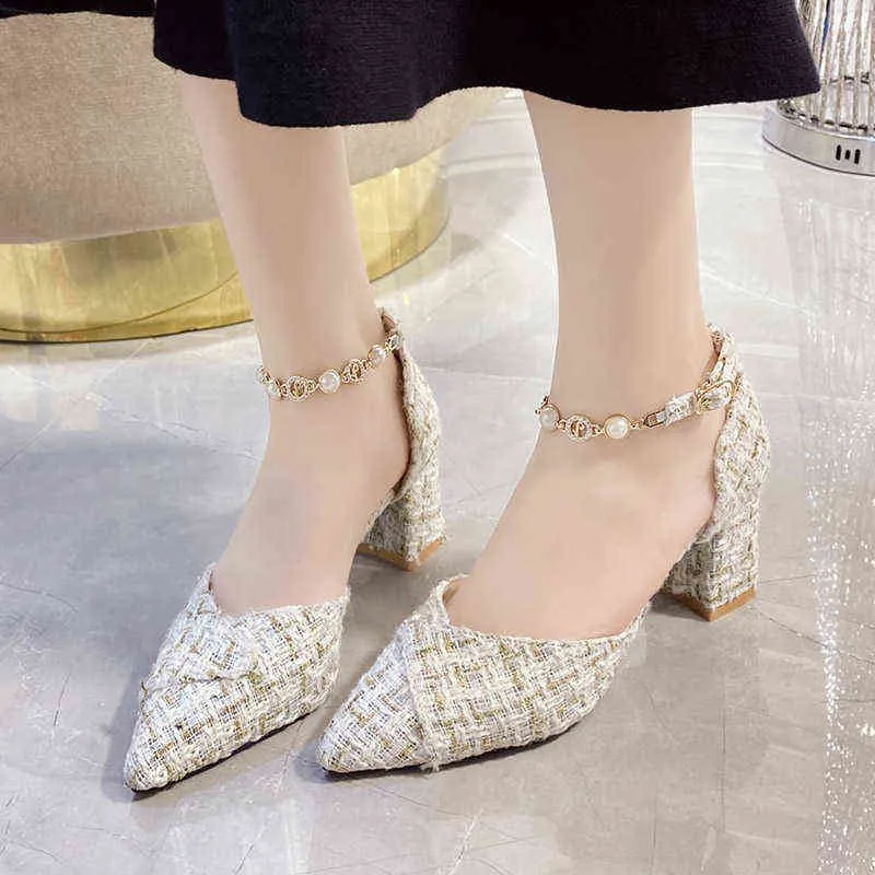 Klänning skor zapatos de vestir de tweed para mujer sandalias con correa en el tobillo tacones altos con perlas punta estrecha enrejadas doradas 220309