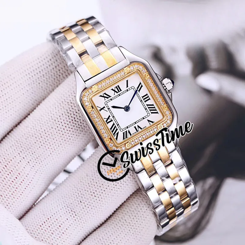 22mm W2PN0006 Relógio feminino de quartzo suíço pequeno Panthere de mostrador branco tom de reboque 18K pulseira de aço dourado relógios femininos da moda Swiss246v