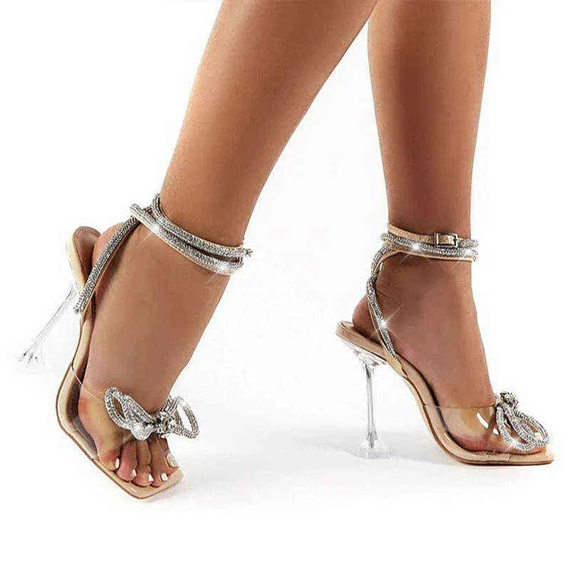 Women Sandals PVC Jelly Pumps Heels Ladies Bow-knot Shoes Sexy Square Toe Ankle Buckle Strap Plus Size 220115