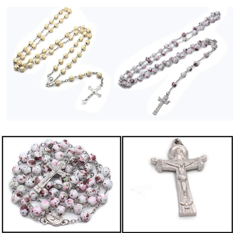 Anhänger Halsketten 3 Stile 8mm Kreuz Rosa Gefleckte Rosenkranz Halskette Katholische Christliche Party Hochzeit Gebetskette Religiöse Kette Jew236w