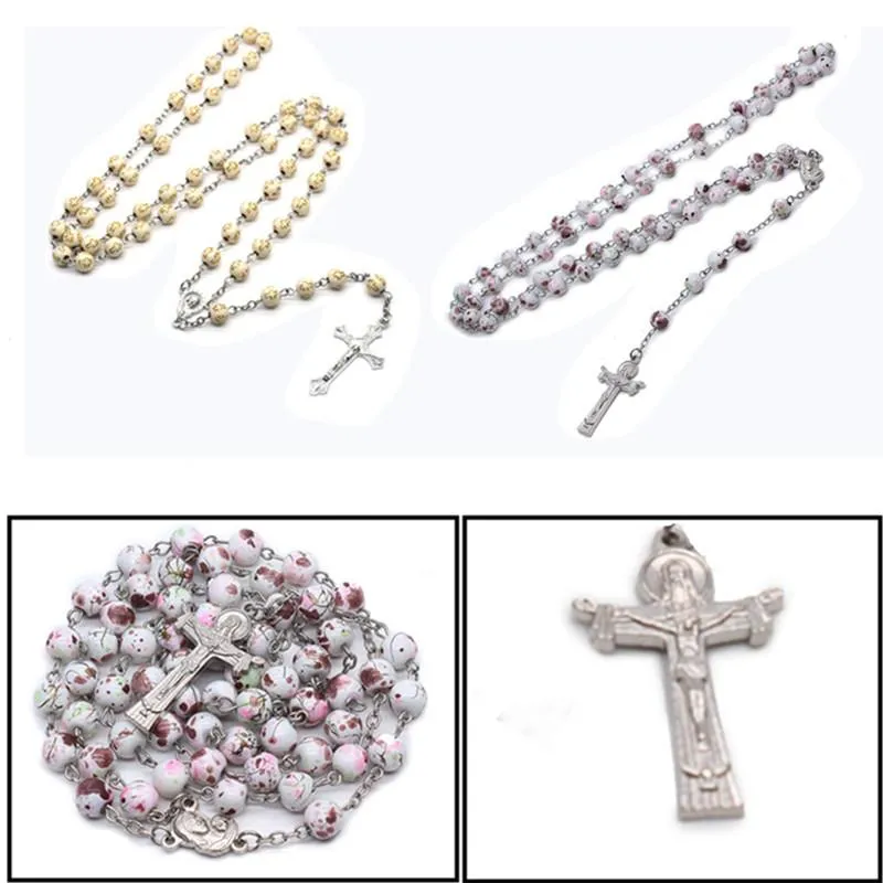 Pendant Necklaces 3 Styles 8mm Cross Pink Spotted Rosary Necklace Catholic Christian Party Wedding Prayer Bead Religious Chain Jew238b