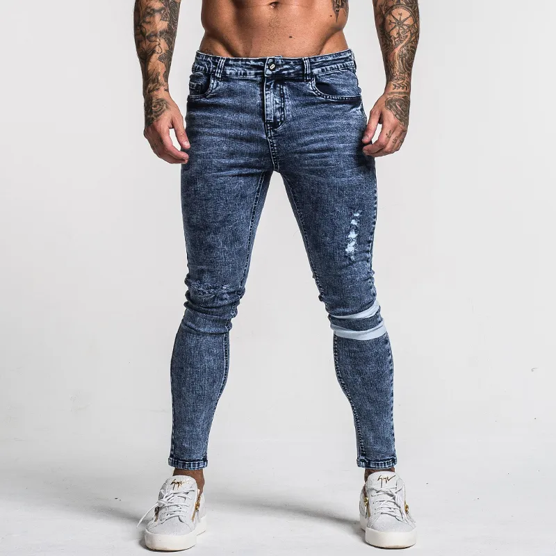 Gingtto erkek skinny jeans ince fit yırtık kotlar büyük ve uzun streç mavi kot pantolon erkekler için sıkıntılı elastik bel 32 bacak 30 zm49 t200614