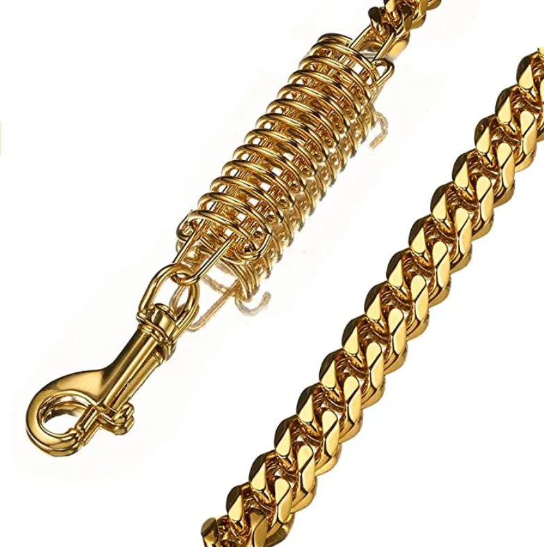 15MM Heavy Duty Dog Leash Stainless Steel Gold Cuban Curb Chain LaborSaving Spring Dog Leash With Genuine Leather Handle123FTQ04961215