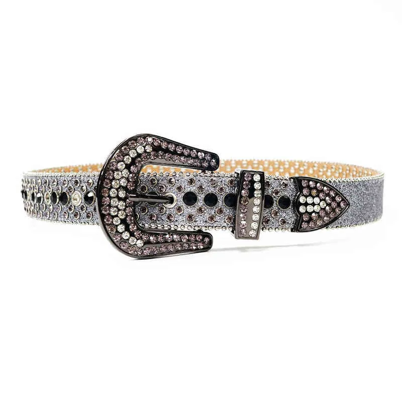 New Western Cowboy Belt Silver Rhinestones Bälten Bling Crystal Diamond Studded Bälten för Kvinnor Män Cinturones Para Mujer AA220312