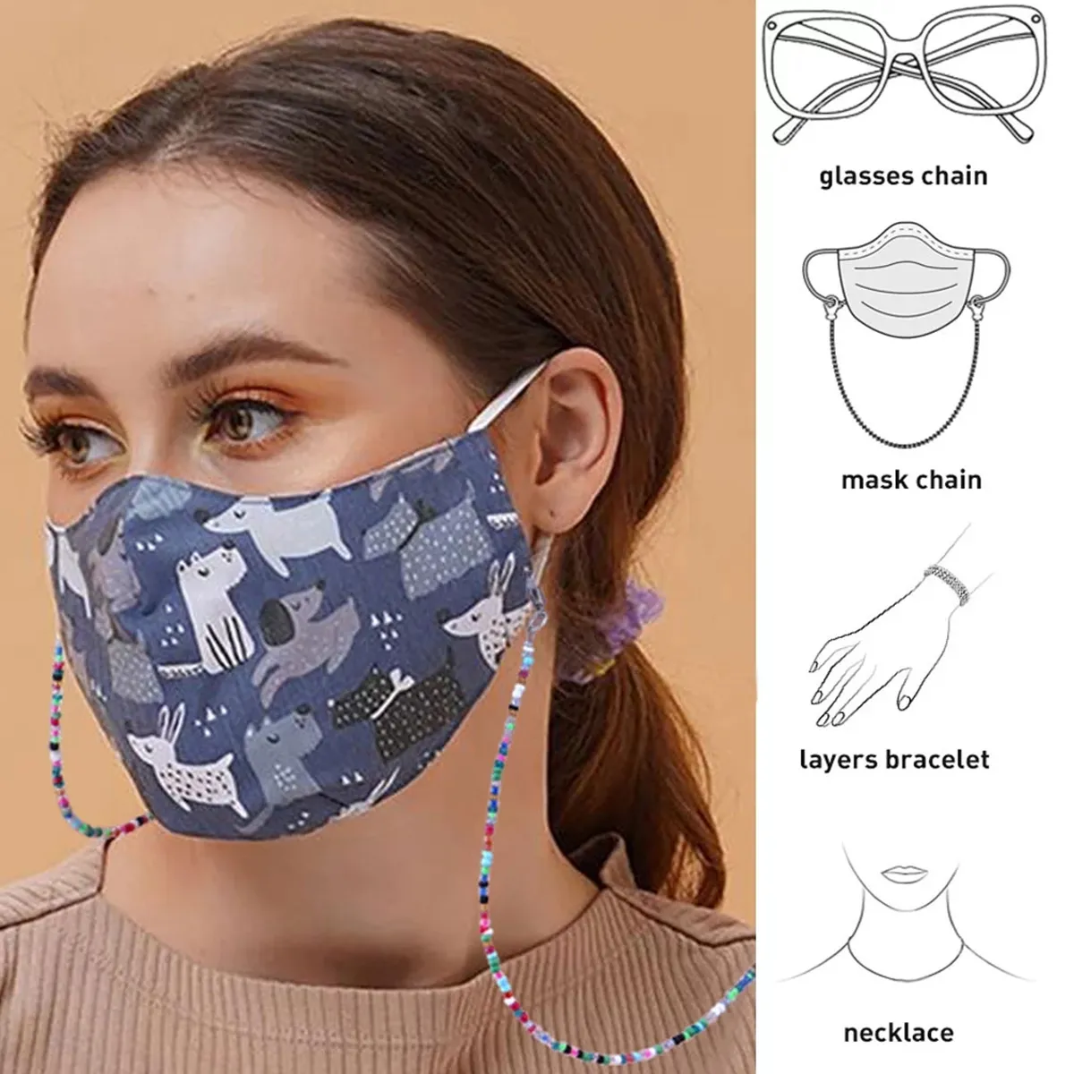 Nieuwe Mode Unisex Anti-verloren Acryl Kralen Ketting Gezichtsmasker Lanyards Leesbril Ketting Nekbanden Masker koord Holder315z