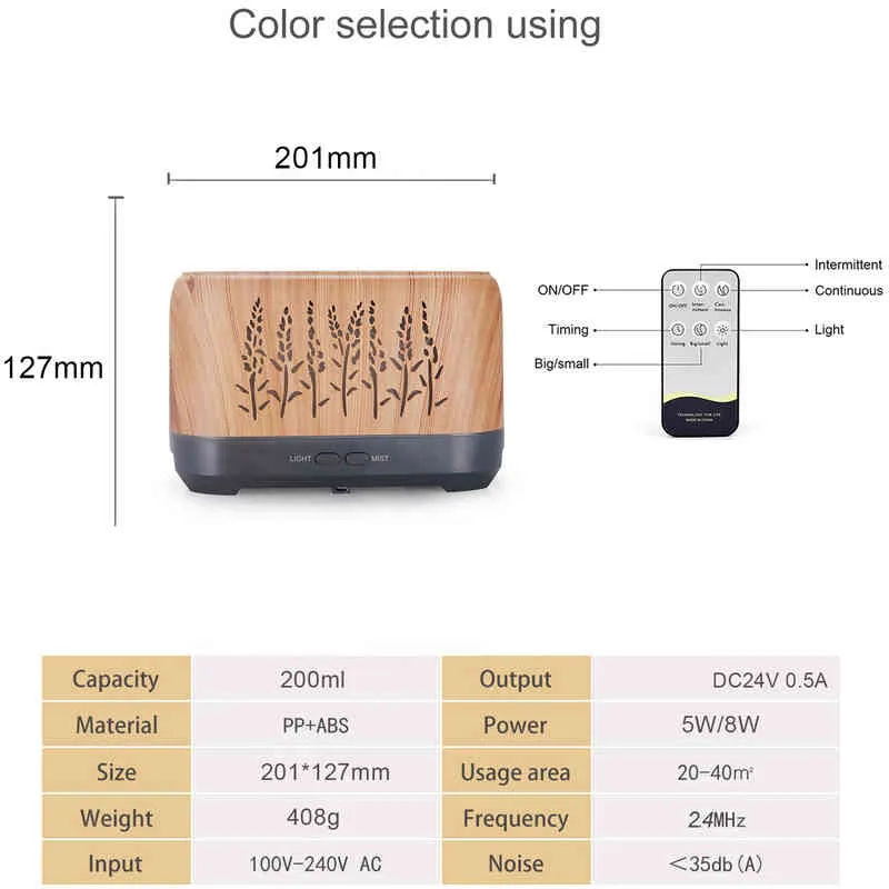 YAJIAO Timeable Air Humidifier Flame Wood Grain Aroma Essential Oil Diffuser With Remote Control USB Soft Light Humidifier 220210