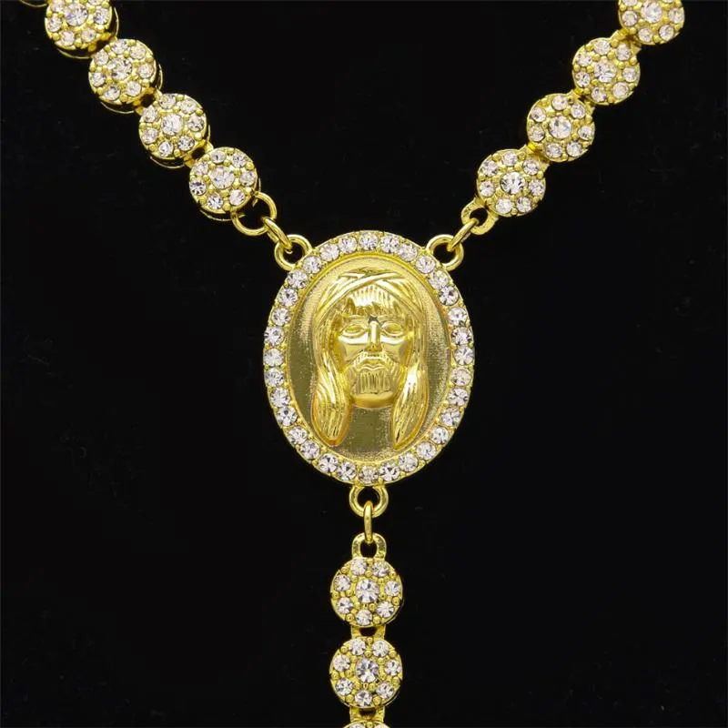 Uwin colar de flor de rosário gelado com strass dourado cruz de jesus pingente de cabeça masculino colar de hip hop chain309z