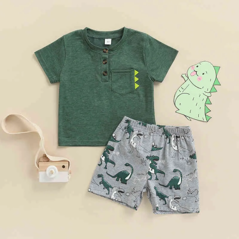 Toddler Baby Kid Ragazzi Vestiti Set T-shirt con bottoni a maniche corte Pantaloncini di dinosauro Estate Bambini Cosutmes Abiti D35 G220310