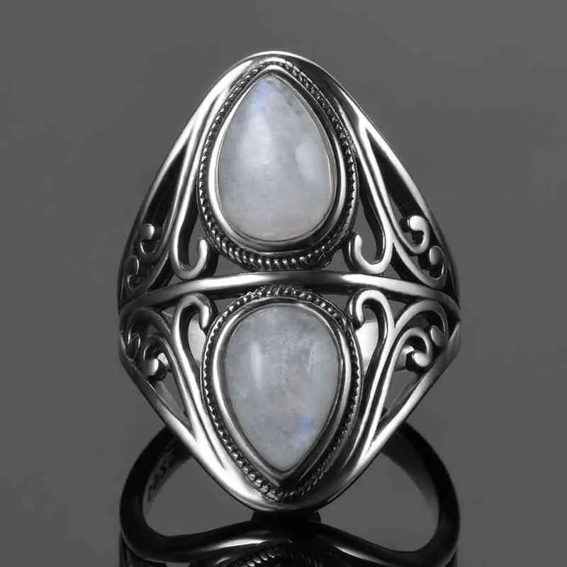 Charms 6x9mm Natural Rainbow Moonstone Ring's 925 Sterling Silver Smycken Ring Vintage Anniversary Party Presenter för kvinnor 211217