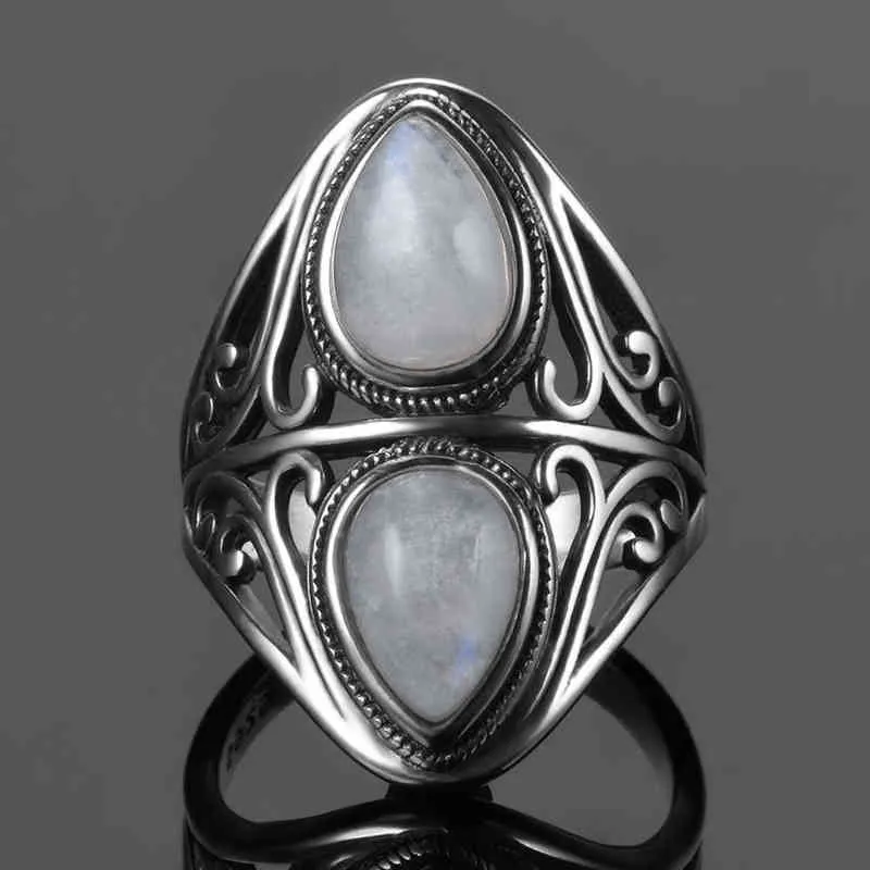 Charms 6x9mm Naturel Rainbow Moonstone Ring's 925 Sterling Silver Bijoux Bague Vintage Anniversaire Cadeaux de fête pour les femmes 211217