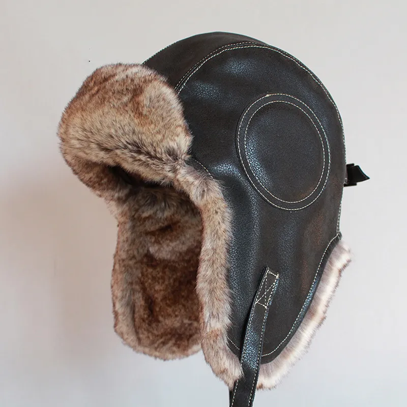 القبعات الصياد الشتاء Ushanka Men Women's Pilot Bomber Faux Fur Fur Leather Cap مع اللوحات الأذن 220901