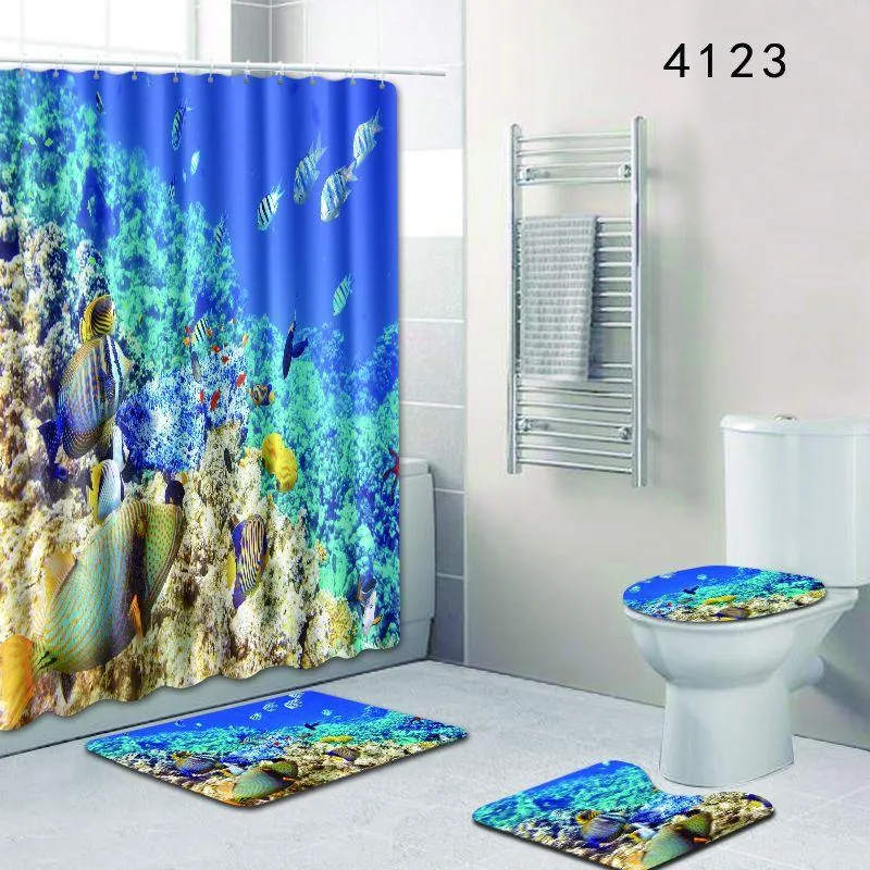 180X180cm Shower Curtain Bath Mat Set Ocean Dolphin Deep Sea Bathroom Waterproof with 12 Hooks Toilet Cover Bath Mat Set201H