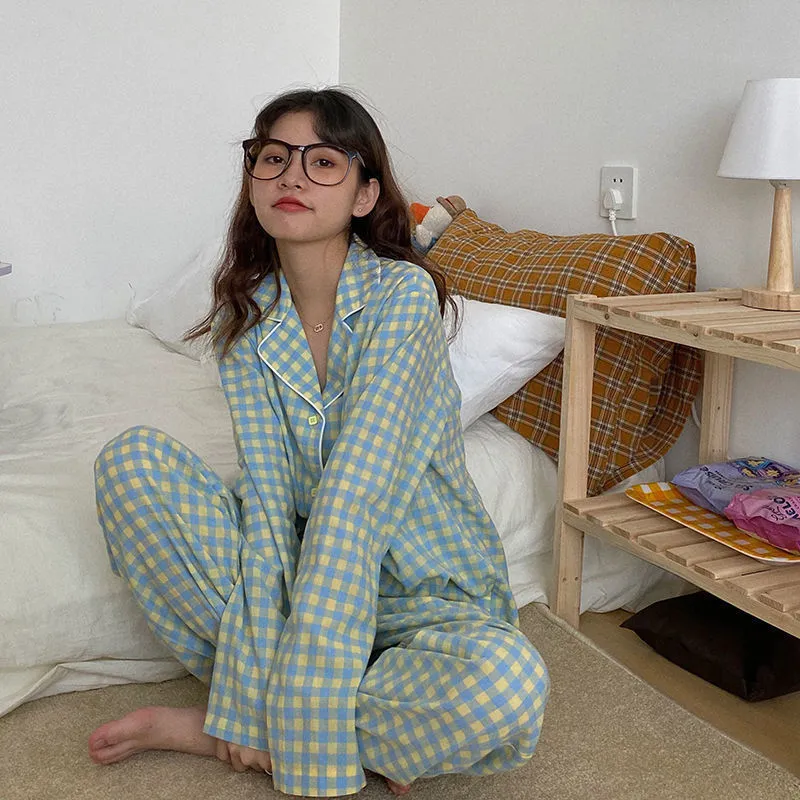 Plaid Home Suit Sleepwear Pijama De Mujer da donna in cotone a maniche lunghe Sleep Tops + Pants Camicia da notte Donna Night Suit Pigiama Femme 201217