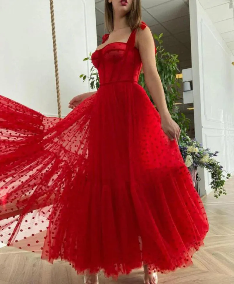 LORIE Red Prom Dresses 2022 A-Line Dot Tulle Tea Length Party Gown Christmas Robes de cocktail Dress for Teens Women Evening Gowns204u