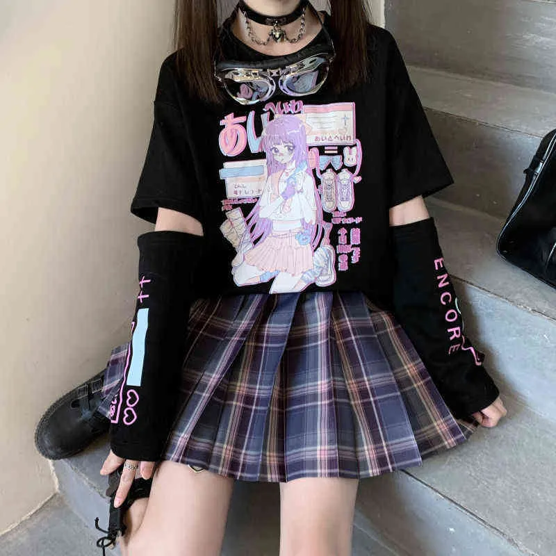 2021 novo japonês jk costura de duas manga de manga curta t-shirt feminino design senso de fundo camisa de fundo escuro das mulheres negras h1230