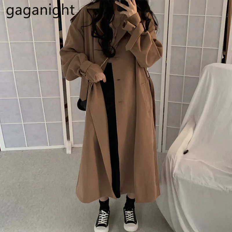 Gaganight Mujeres Elegantes Trench Sólido Moda Oficina Señora Vintage Abrigo Largo Solo Pecho Chic Coreano Outwear Trenches 201031