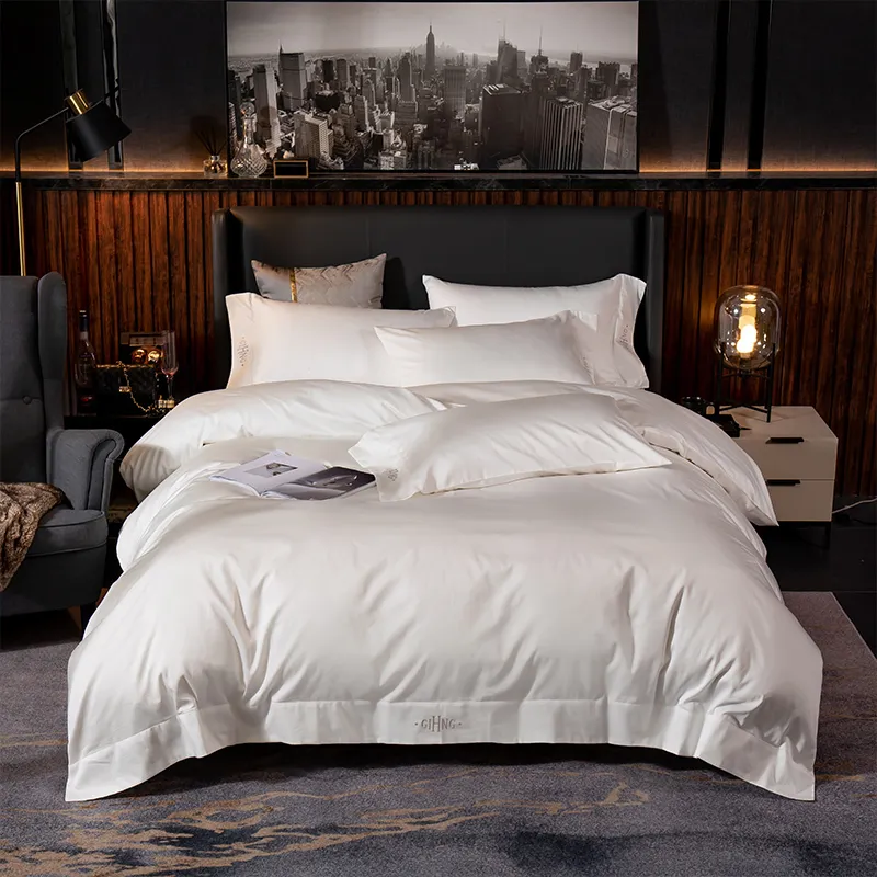 Silkeslen mjukt egyptisk bomullsduket täcke sängplåt uppsättning drottning king size hotell kort solid färg sängkläder set täcktäcke set t200706